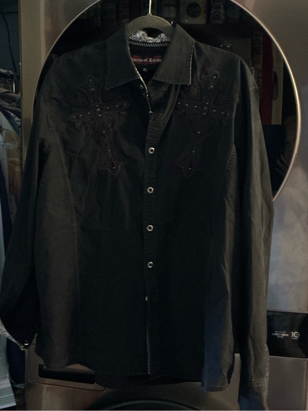 Men's Black Cross-Embroidered Button-Down Shirt
